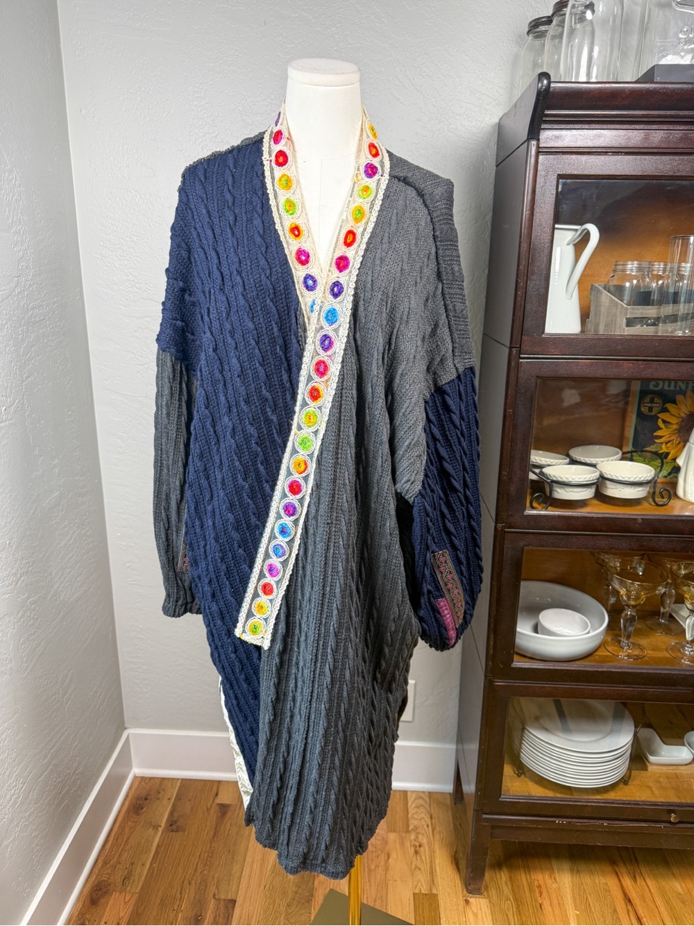 POL Cable Knit Colorblock Long Cardigan Duster Embroidered Boho Size M/L